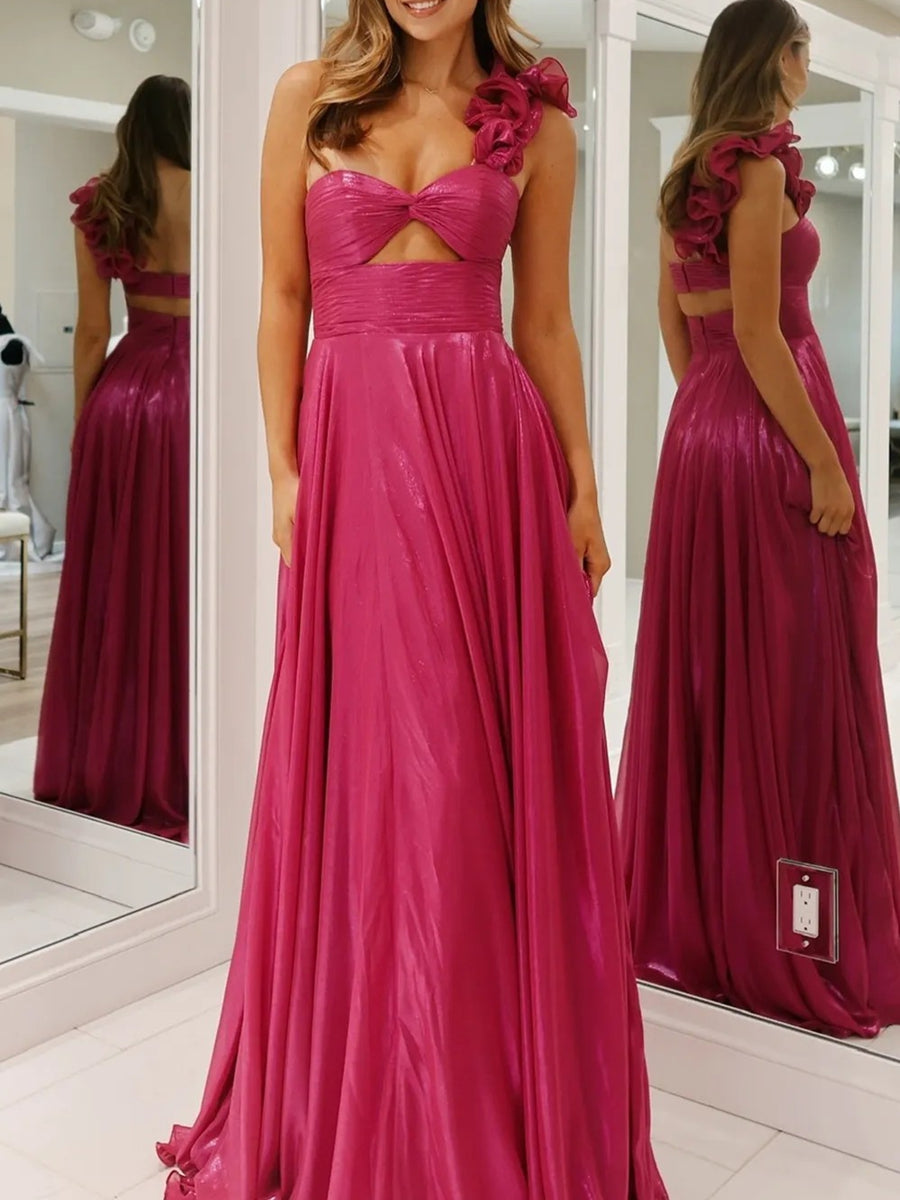 A-Line/Princess One Shoulder Keyhole Metallic Floor-Length Prom Dresses with Pleats