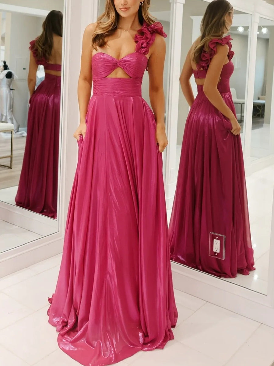 A-Line/Princess One Shoulder Keyhole Metallic Floor-Length Prom Dresses with Pleats