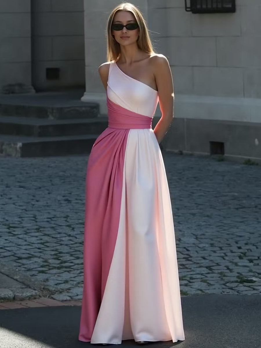 A-Line/Princess One Shoulder Patchwork Satin Long Formal Dresses with Pockets