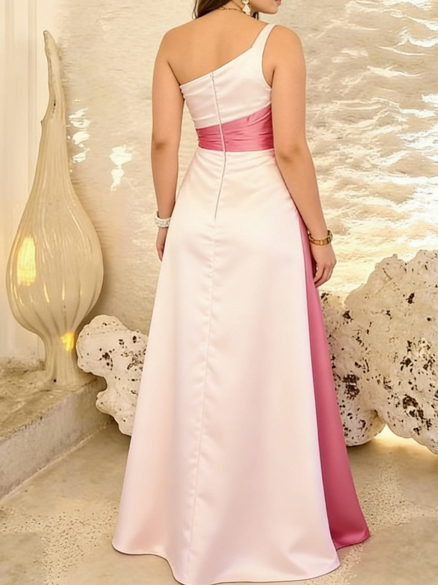 A-Line/Princess One Shoulder Patchwork Satin Long Formal Dresses with Pockets