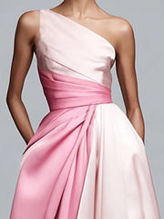 A-Line/Princess One Shoulder Patchwork Satin Long Formal Dresses with Pockets