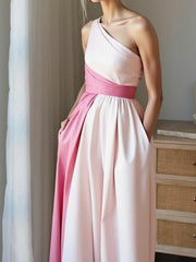 A-Line/Princess One Shoulder Patchwork Satin Long Formal Dresses with Pockets