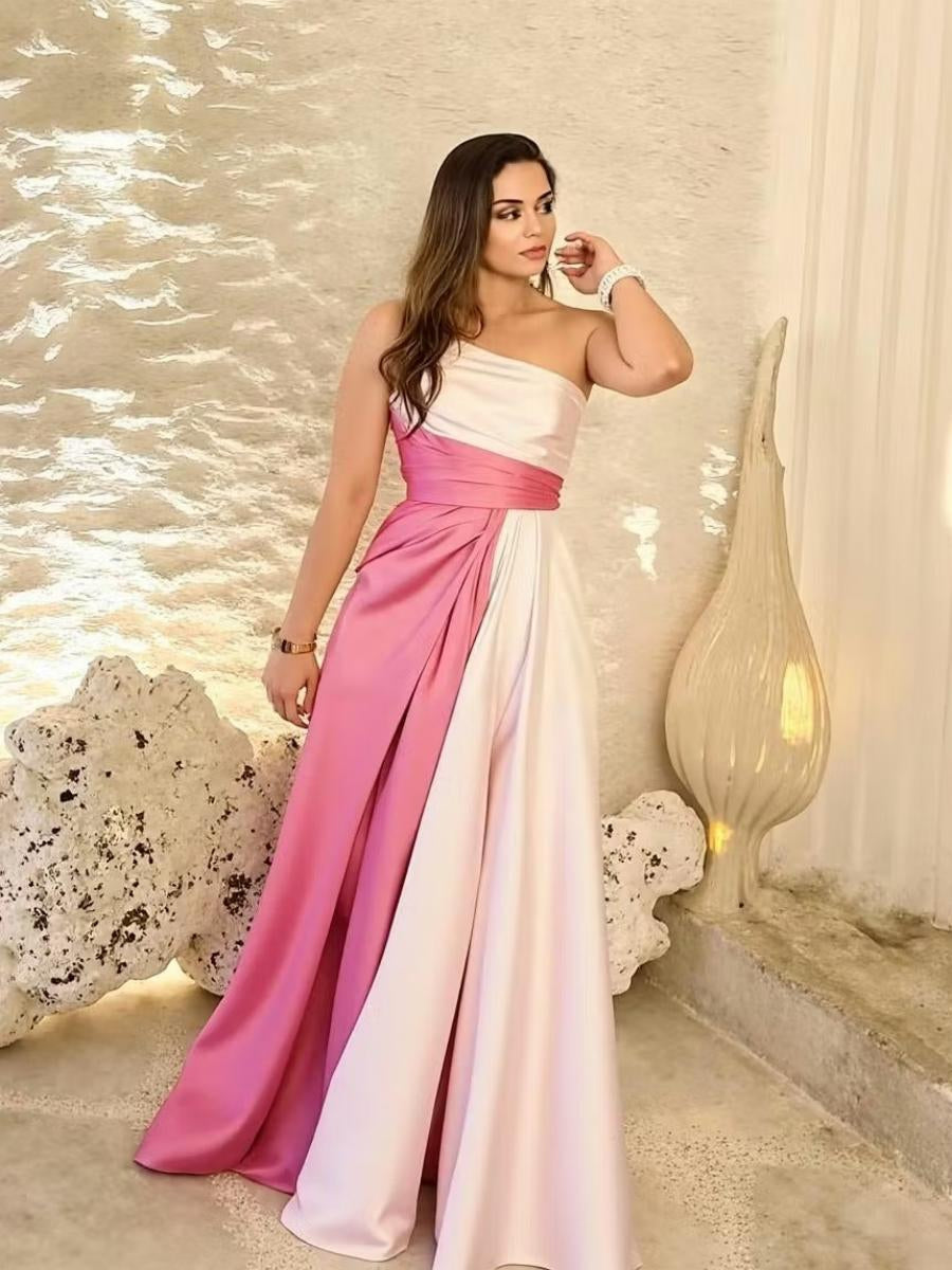 A-Line/Princess One Shoulder Patchwork Satin Long Formal Dresses with Pockets