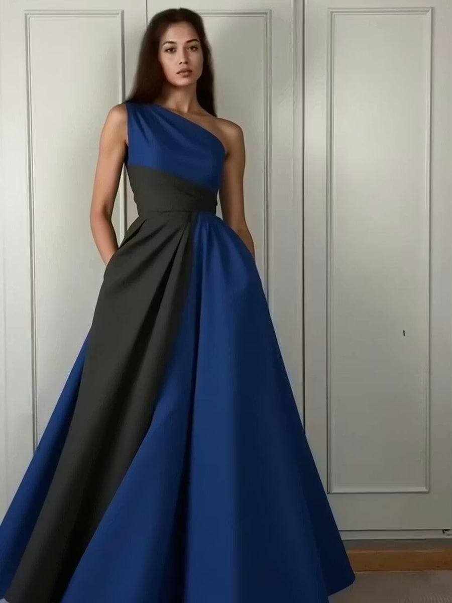 A-Line/Princess One Shoulder Patchwork Satin Long Formal Dresses with Pockets