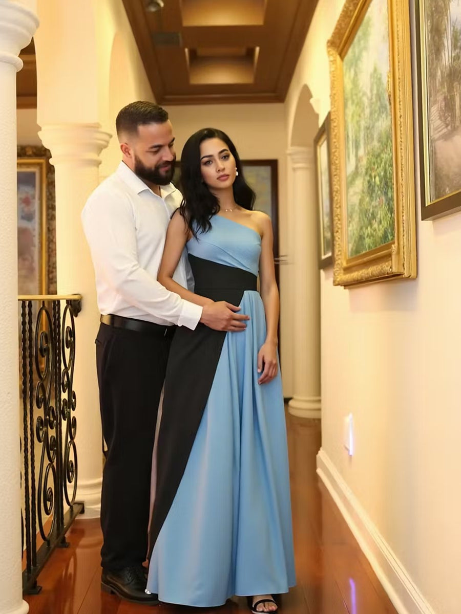 A-Line/Princess One Shoulder Patchwork Satin Long Formal Dresses with Pockets