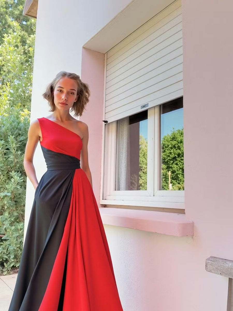 A-Line/Princess One Shoulder Patchwork Satin Long Formal Dresses with Pockets
