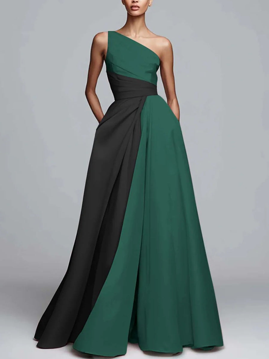 A-Line/Princess One Shoulder Patchwork Satin Long Formal Dresses with Pockets