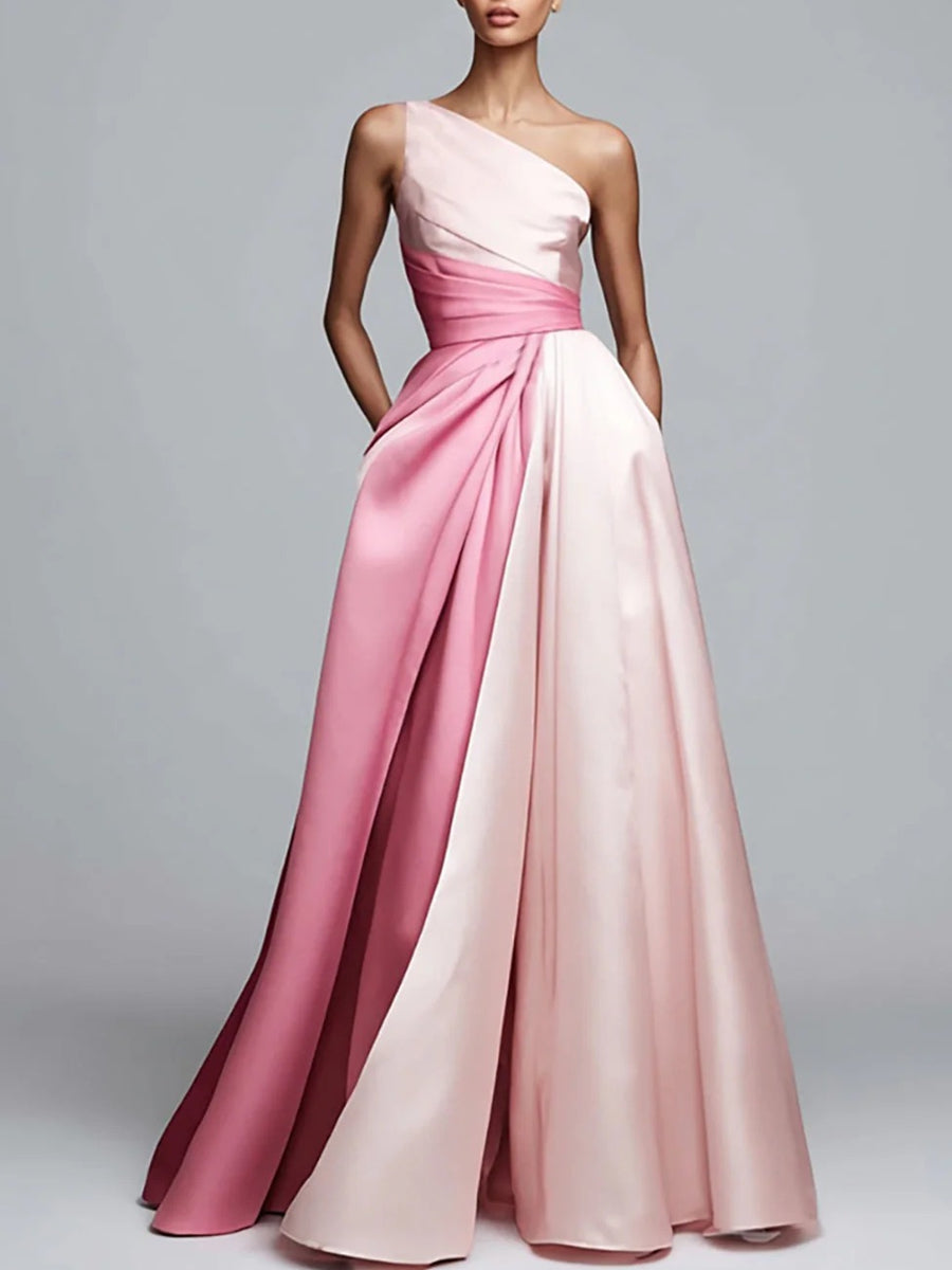 A-Line/Princess One Shoulder Patchwork Satin Long Formal Dresses with Pockets