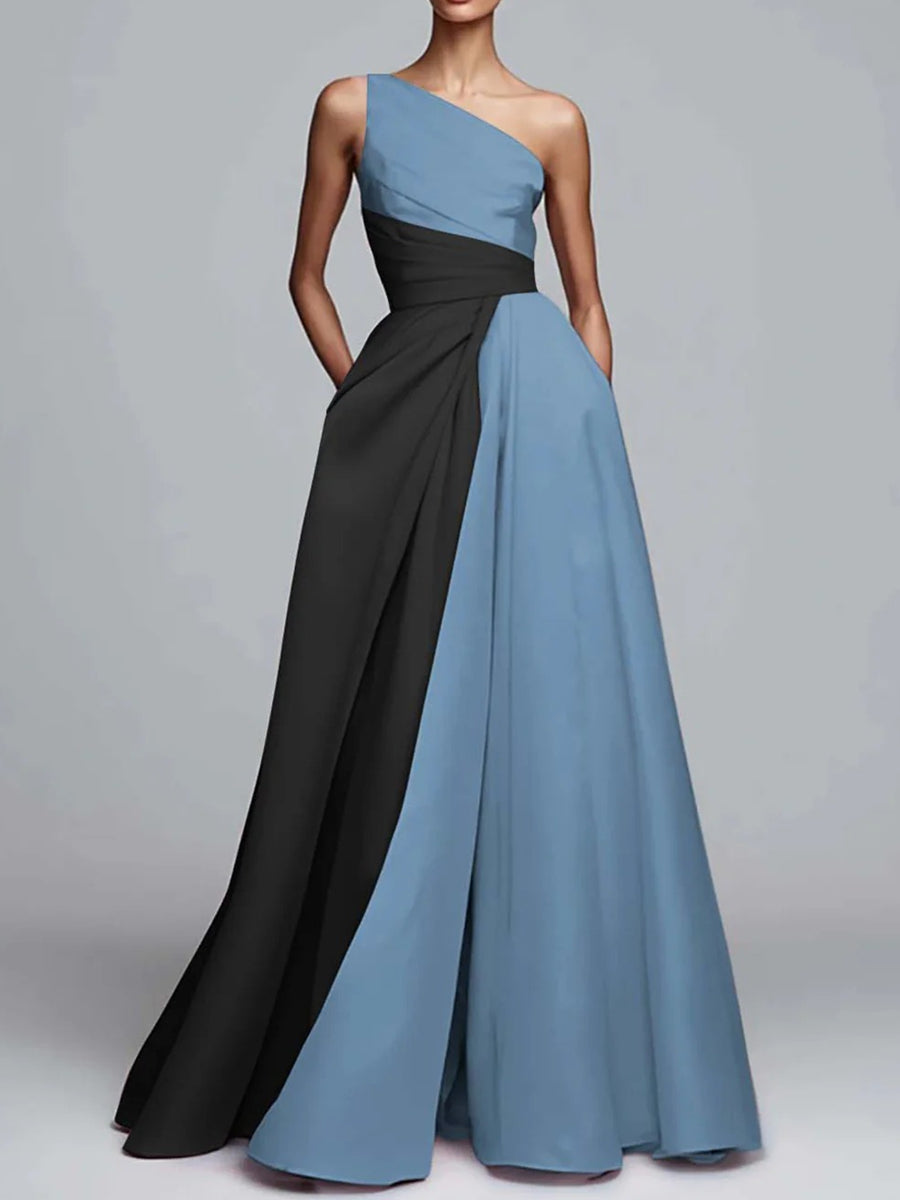 A-Line/Princess One Shoulder Patchwork Satin Long Formal Dresses with Pockets