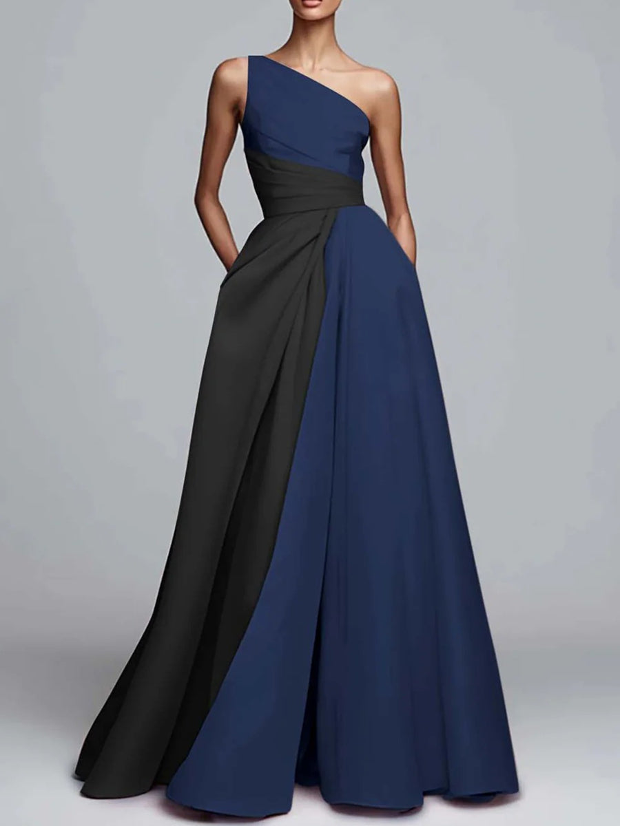A-Line/Princess One Shoulder Patchwork Satin Long Formal Dresses with Pockets