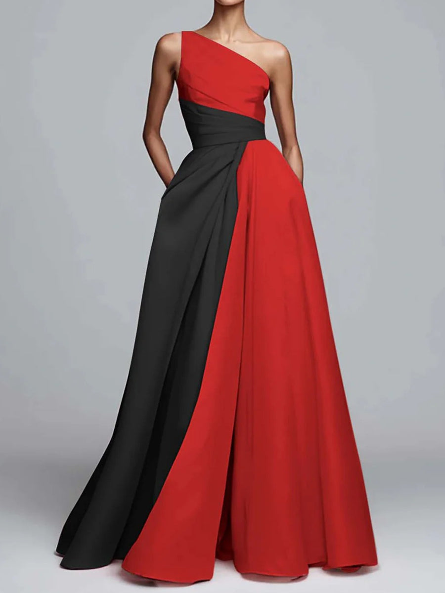 A-Line/Princess One Shoulder Patchwork Satin Long Formal Dresses with Pockets