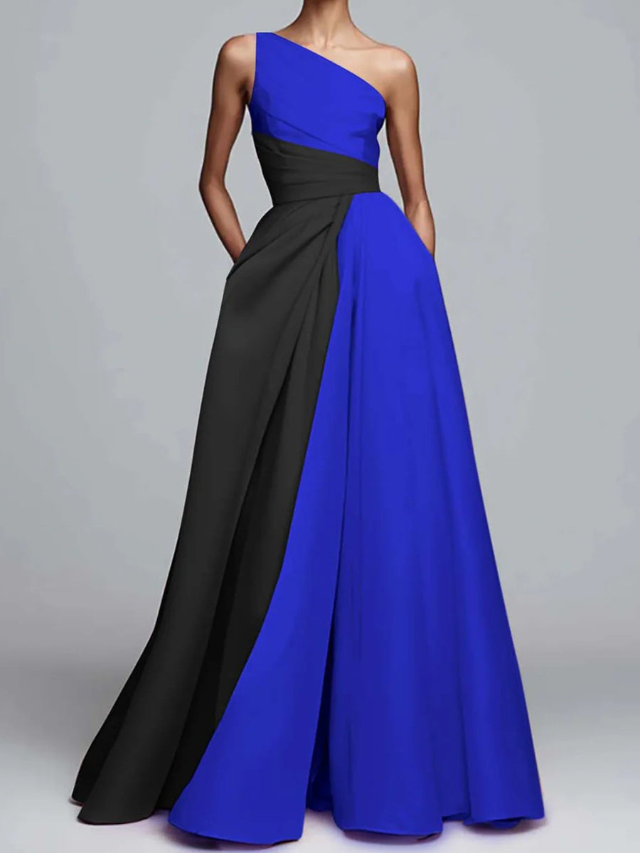 A-Line/Princess One Shoulder Patchwork Satin Long Formal Dresses with Pockets