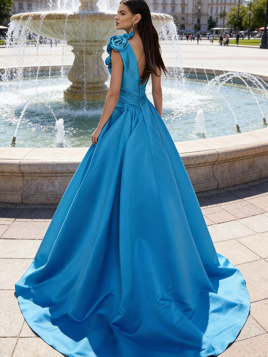 A-Line/Princess One Shoulder High Split Pleated Satin Prom Dresses with Flowers