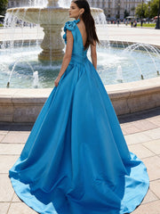 A-Line/Princess One Shoulder High Split Pleated Satin Prom Dresses with Flowers