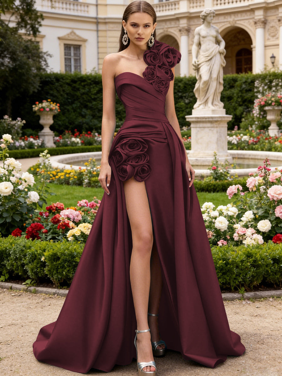 A-Line/Princess One Shoulder High Split Pleated Satin Prom Dresses with Flowers