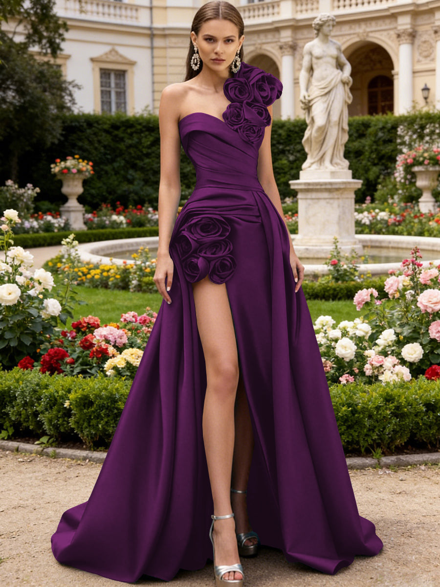 A-Line/Princess One Shoulder High Split Pleated Satin Prom Dresses with Flowers