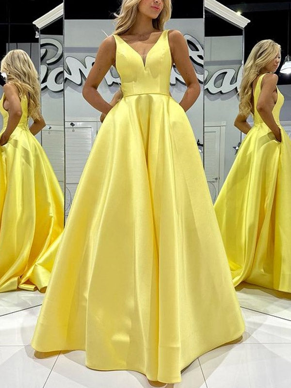 A-Line V-Neck Sleeveless Satin Floor Length Prom Dresses with Pockets