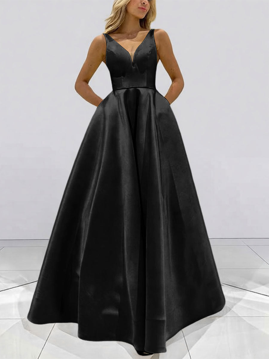 A-Line V-Neck Sleeveless Satin Floor Length Prom Dresses with Pockets