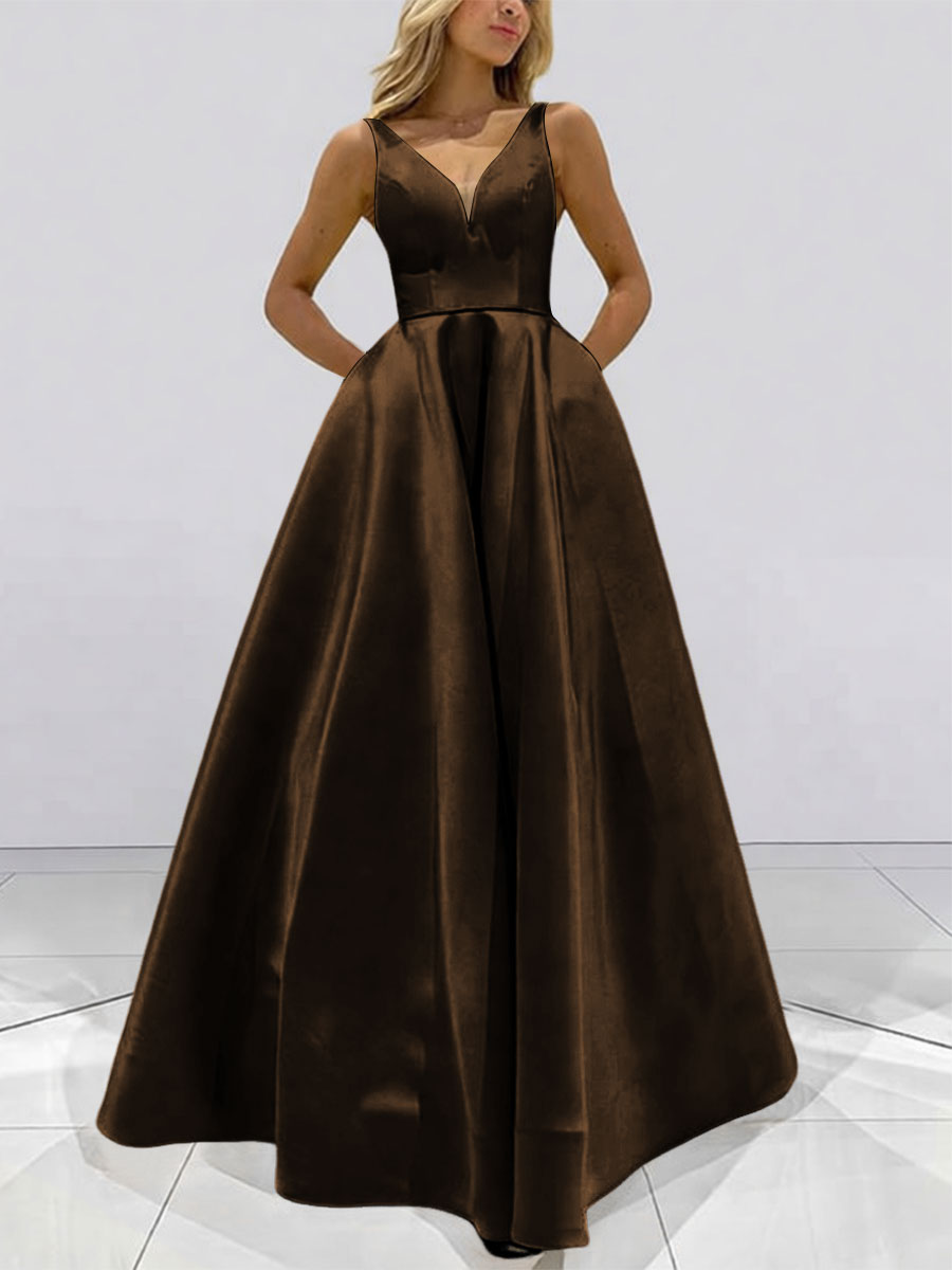 A-Line V-Neck Sleeveless Satin Floor Length Prom Dresses with Pockets