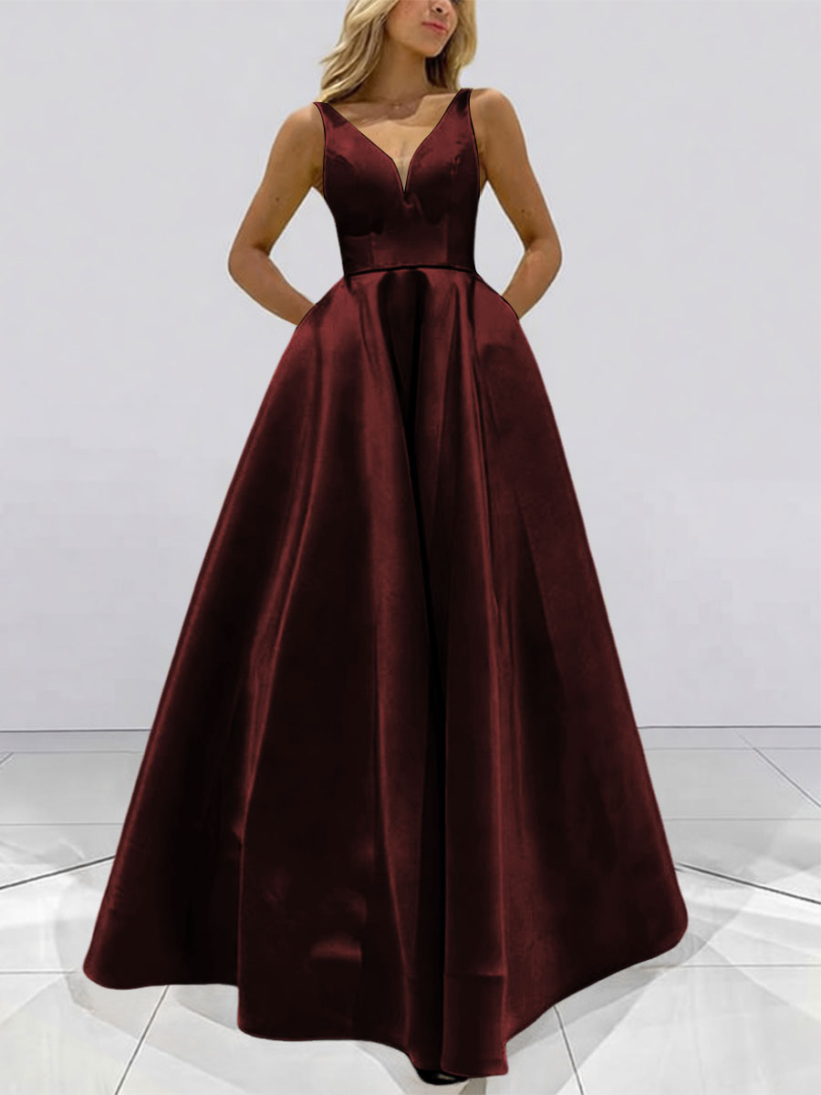 A-Line V-Neck Sleeveless Satin Floor Length Prom Dresses with Pockets