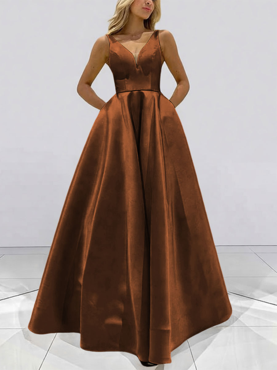 A-Line V-Neck Sleeveless Satin Floor Length Prom Dresses with Pockets