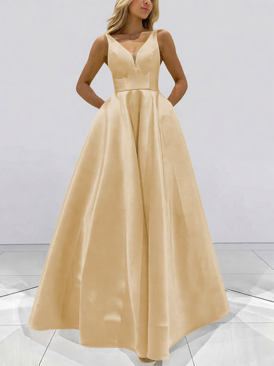 A-Line V-Neck Sleeveless Satin Floor Length Prom Dresses with Pockets