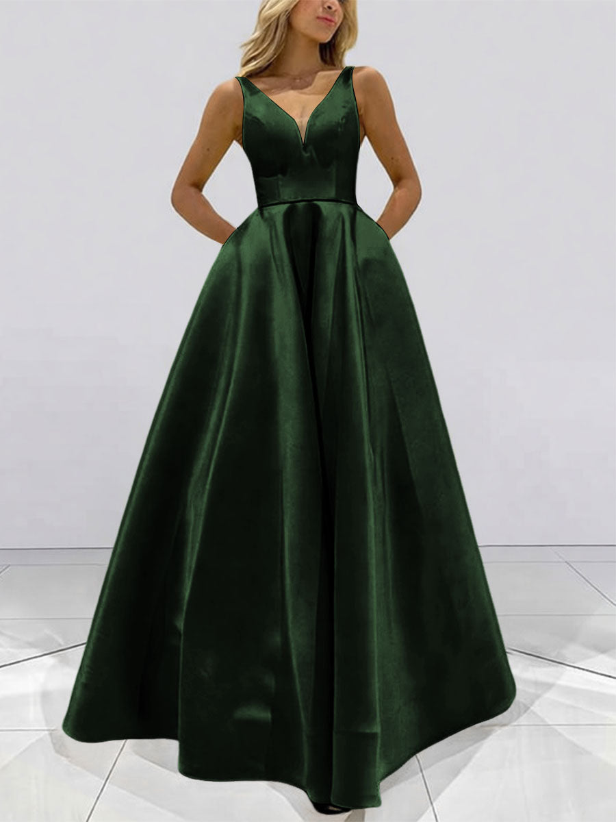 A-Line V-Neck Sleeveless Satin Floor Length Prom Dresses with Pockets