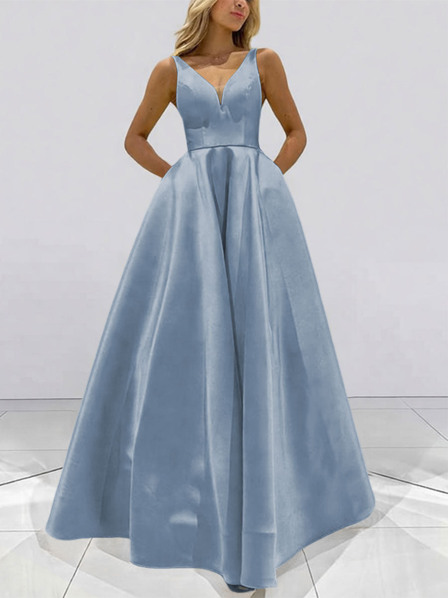 A-Line V-Neck Sleeveless Satin Floor Length Prom Dresses with Pockets