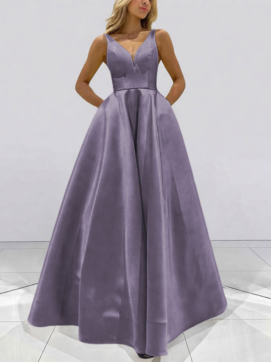 A-Line V-Neck Sleeveless Satin Floor Length Prom Dresses with Pockets