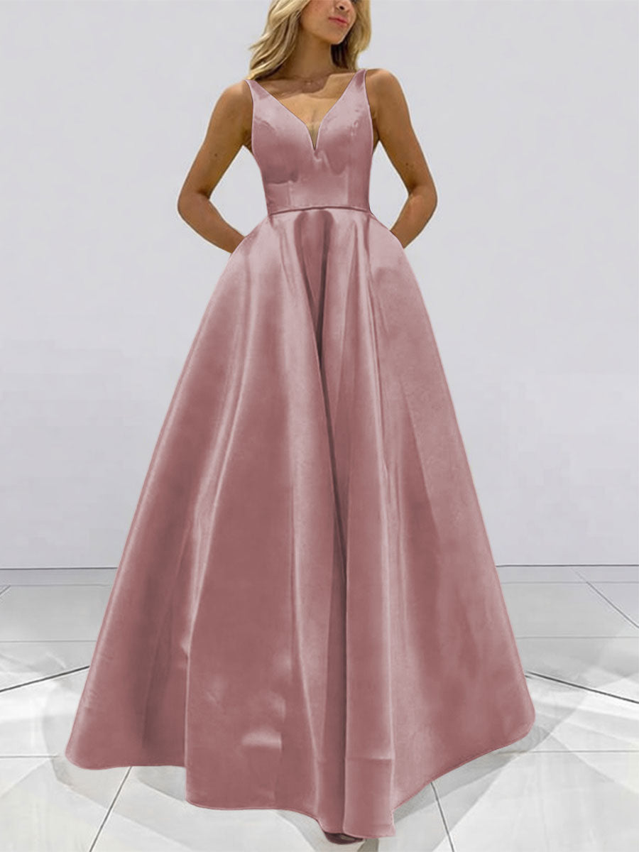 A-Line V-Neck Sleeveless Satin Floor Length Prom Dresses with Pockets