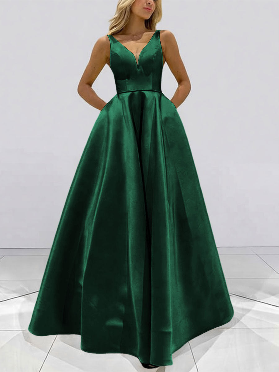 A-Line V-Neck Sleeveless Satin Floor Length Prom Dresses with Pockets