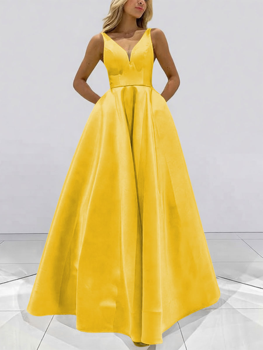 A-Line V-Neck Sleeveless Satin Floor Length Prom Dresses with Pockets