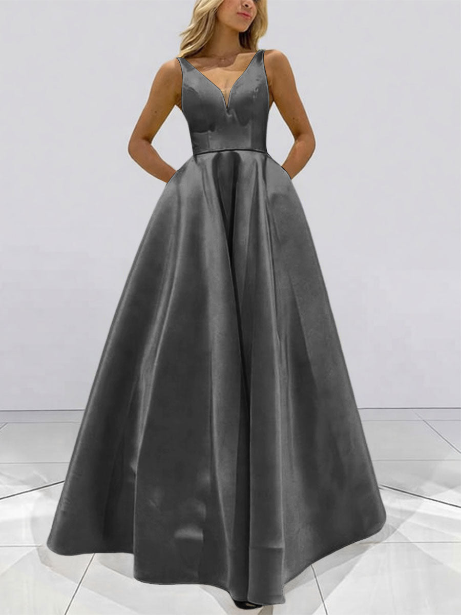 A-Line V-Neck Sleeveless Satin Floor Length Prom Dresses with Pockets