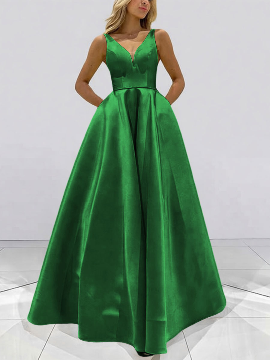 A-Line V-Neck Sleeveless Satin Floor Length Prom Dresses with Pockets