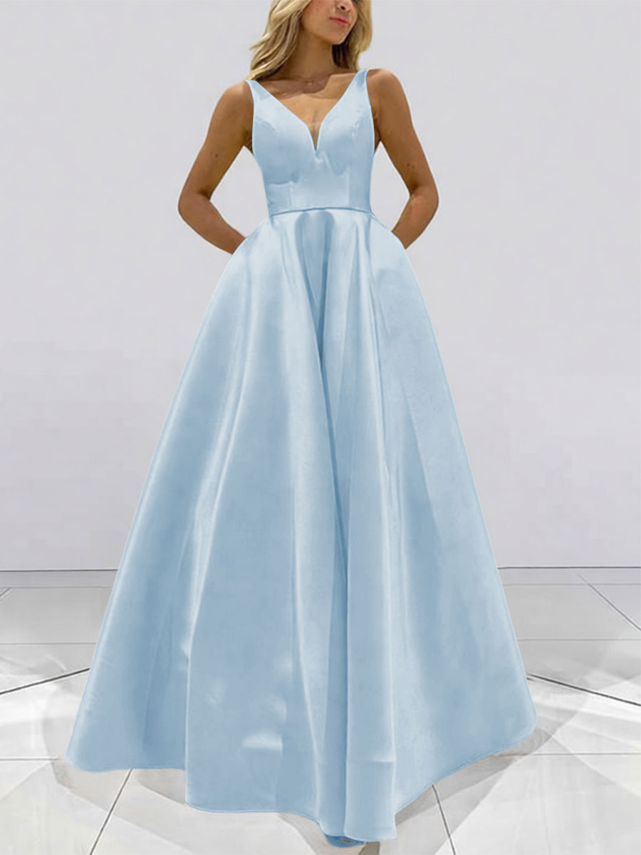 A-Line V-Neck Sleeveless Satin Floor Length Prom Dresses with Pockets