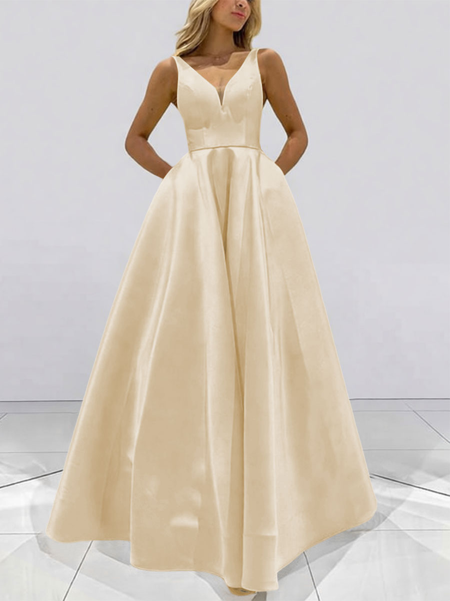 A-Line V-Neck Sleeveless Satin Floor Length Prom Dresses with Pockets