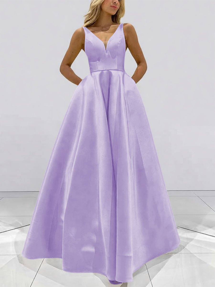 A-Line V-Neck Sleeveless Satin Floor Length Prom Dresses with Pockets