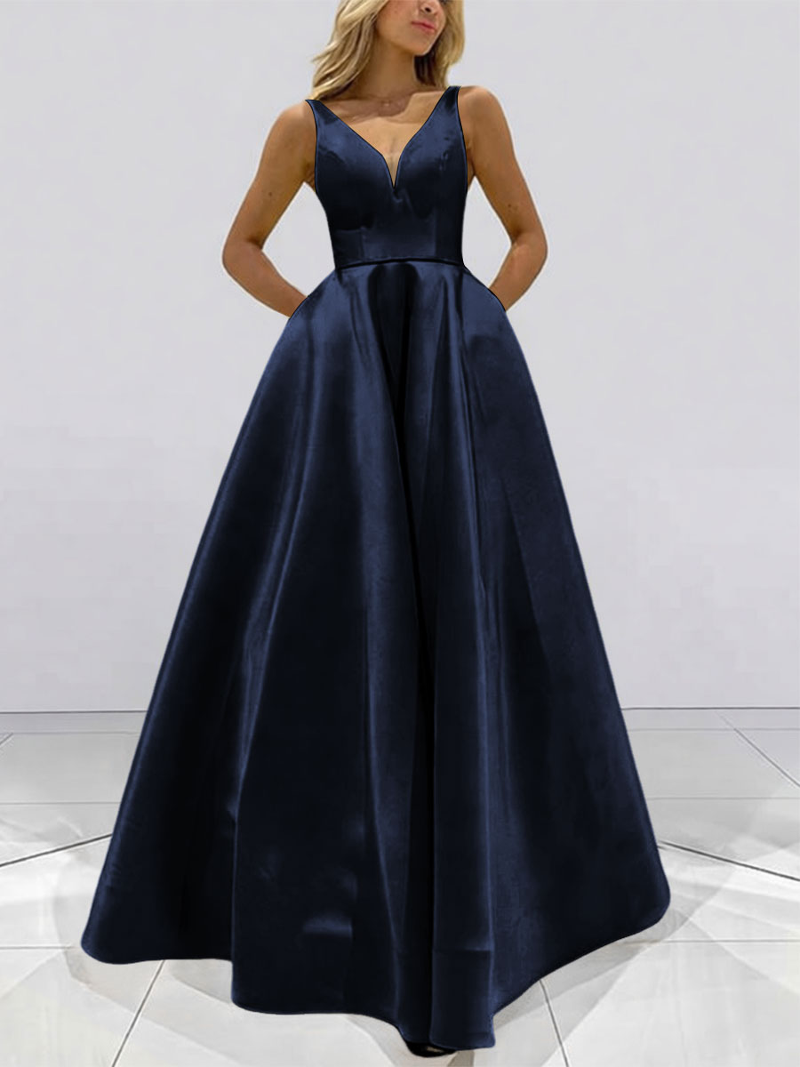 A-Line V-Neck Sleeveless Satin Floor Length Prom Dresses with Pockets