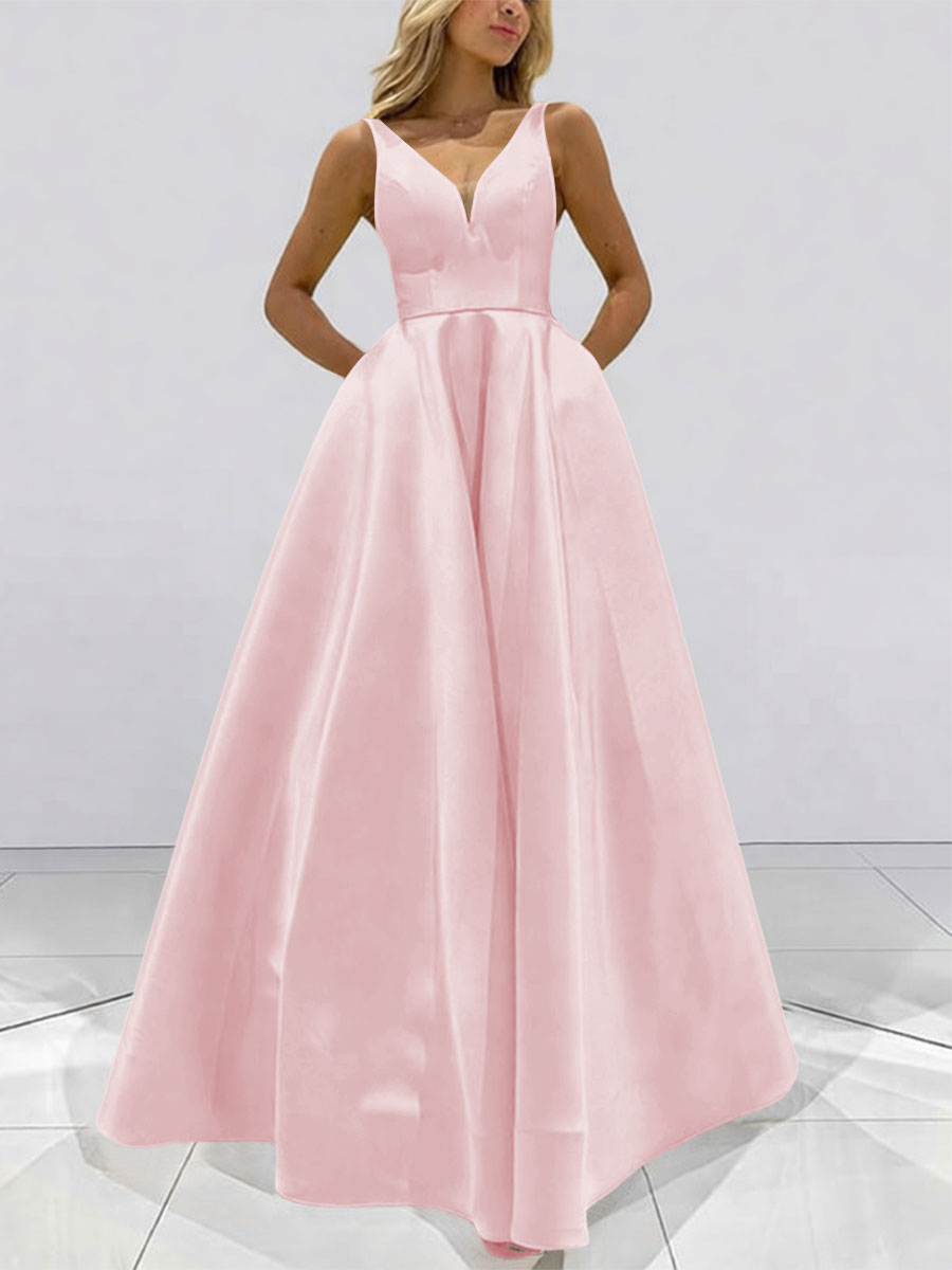 A-Line V-Neck Sleeveless Satin Floor Length Prom Dresses with Pockets