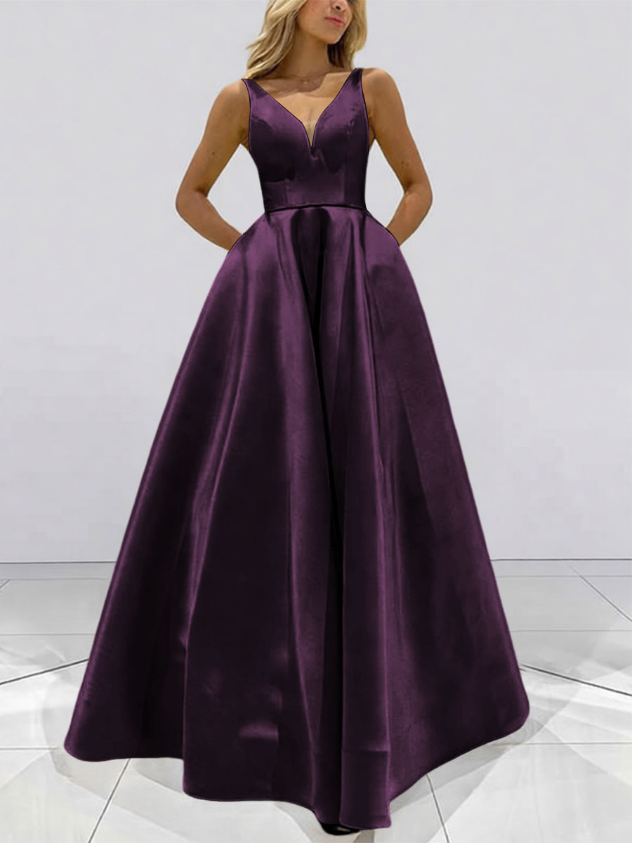 A-Line V-Neck Sleeveless Satin Floor Length Prom Dresses with Pockets