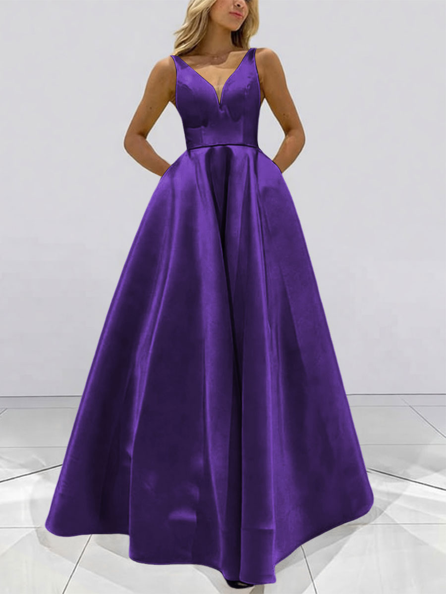 A-Line V-Neck Sleeveless Satin Floor Length Prom Dresses with Pockets