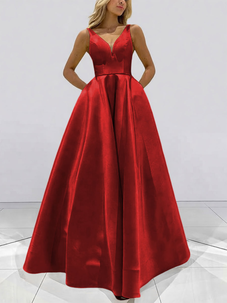 A-Line V-Neck Sleeveless Satin Floor Length Prom Dresses with Pockets