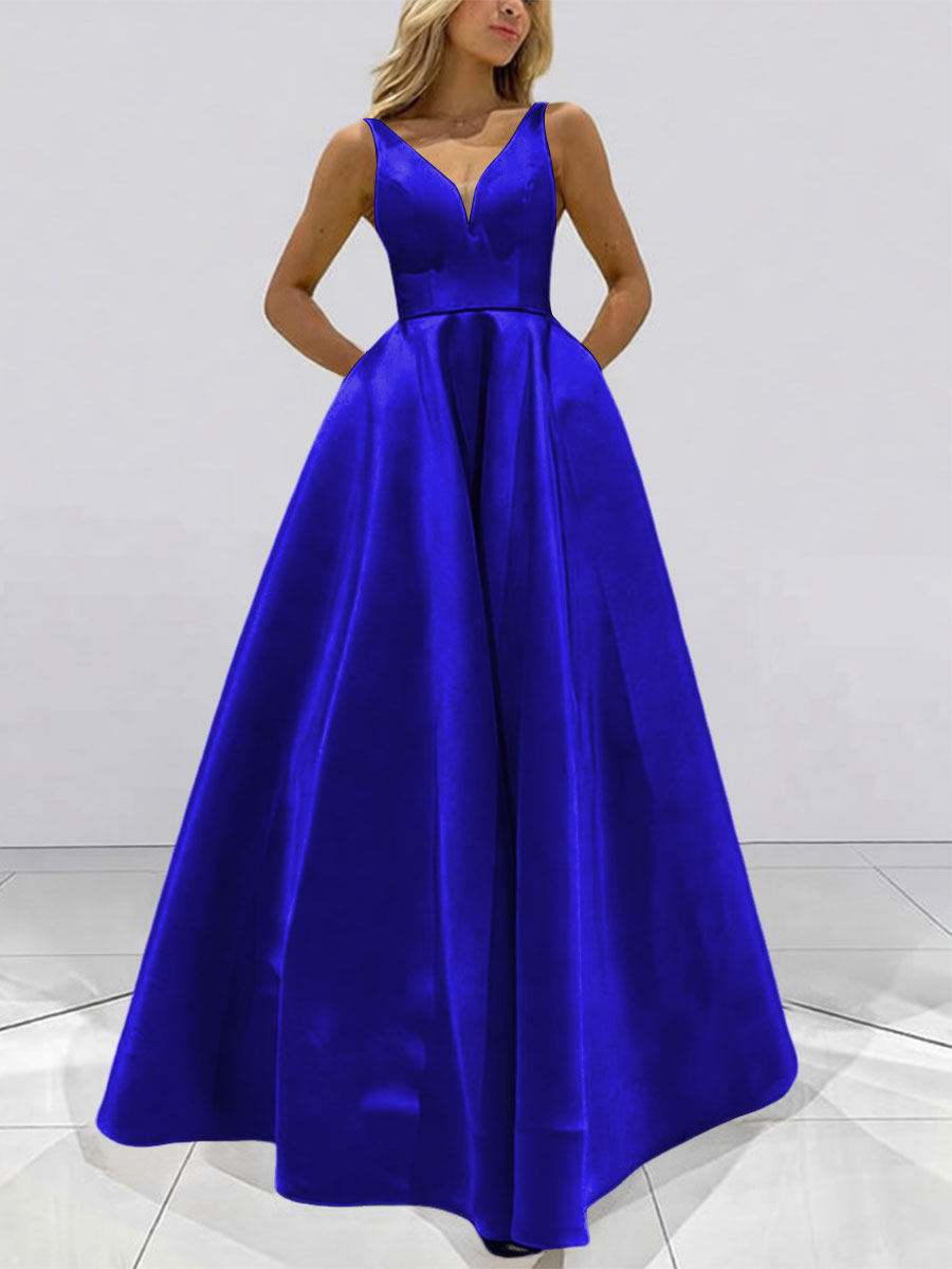 A-Line V-Neck Sleeveless Satin Floor Length Prom Dresses with Pockets