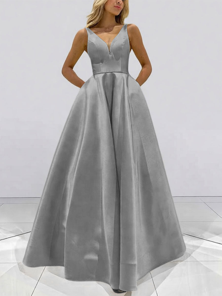 A-Line V-Neck Sleeveless Satin Floor Length Prom Dresses with Pockets