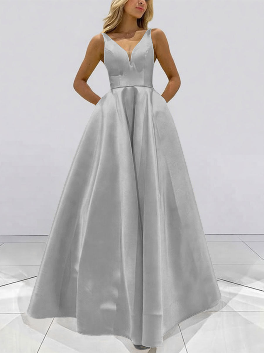 A-Line V-Neck Sleeveless Satin Floor Length Prom Dresses with Pockets