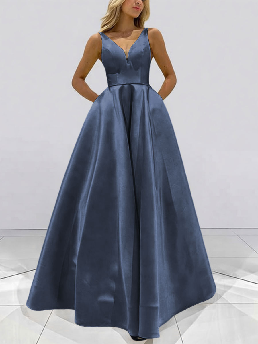 A-Line V-Neck Sleeveless Satin Floor Length Prom Dresses with Pockets