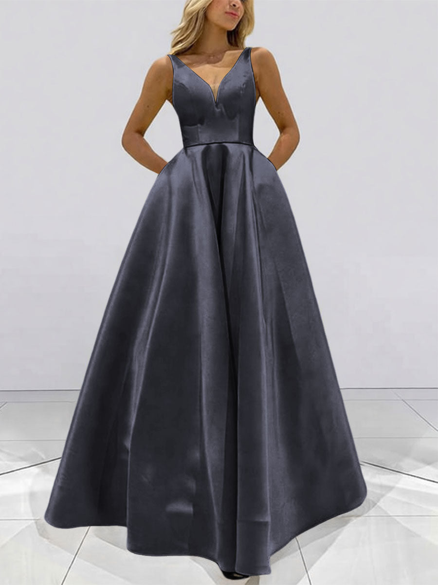 A-Line V-Neck Sleeveless Satin Floor Length Prom Dresses with Pockets