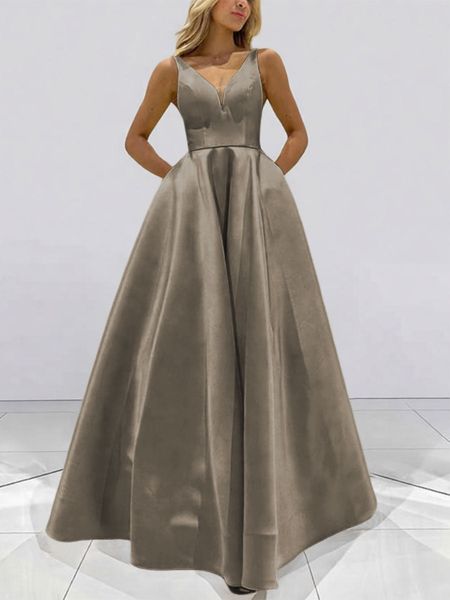 A-Line V-Neck Sleeveless Satin Floor Length Prom Dresses with Pockets
