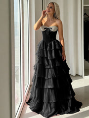 A-Line Sweetheart Corset Empire Waist Tiered Ruffle Long Prom Dresses with Bow