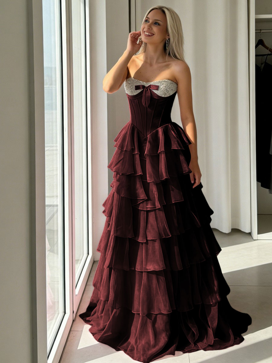 A-Line Sweetheart Corset Empire Waist Tiered Ruffle Long Prom Dresses with Bow